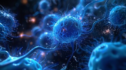 Abstract 3D illustration of blue cells with glowing particles.  Suitable for science, medicine, and technology concepts.