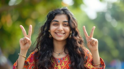 Cute Indian Asian girl giving a perfect sign with both hands, smiling brightly