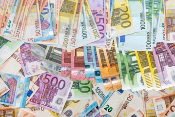 Different Euro banknotes as background, closeup. Money exchange. European money.