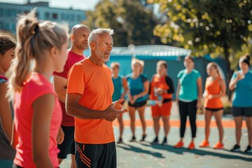 Fitness Coach Leading Outdoor Racewalking Class, Emphasizing Health Benefits for Participants