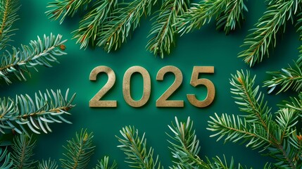 Golden 2025 numbers on green backdrop with pine trees   minimalist and elegant design