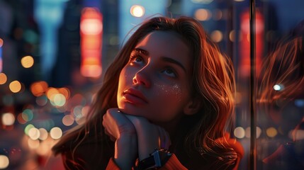 Illustrate a relaxed and beautiful young woman resting her chin on her hands, posed against a bustling cityscape at dusk, highlighting the contrast 