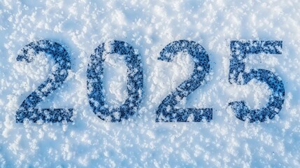 four numbers 2025 on white background with snow and ice , top view
