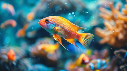 Exotic fish food in a colorful tank with coral reef elements and vibrant fish, blank space for text