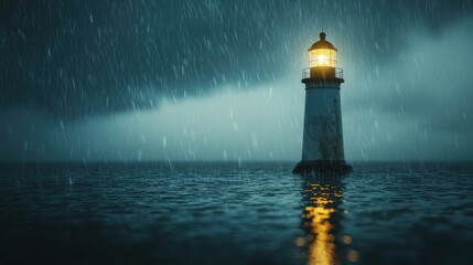 Fototapeta premium A serene lighthouse shines brightly in a stormy night, guiding ships through heavy rain and turbulent waves along the coast.