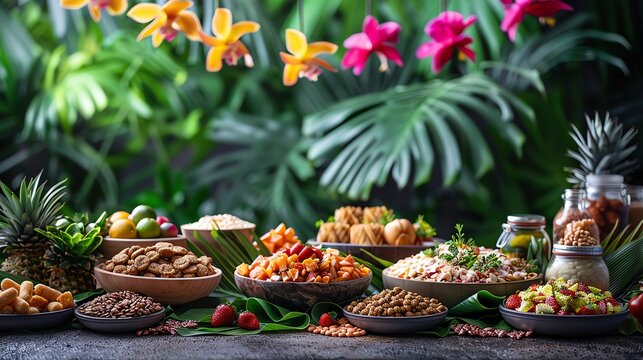 Exotic pet food buffet arranged in a tropical setting with colorful fruits and flowers, blank space for text