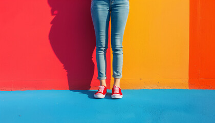 A person stands against a vibrant red and orange wall, wearing blue jeans and red sneakers, casting a shadow on the colorful background.