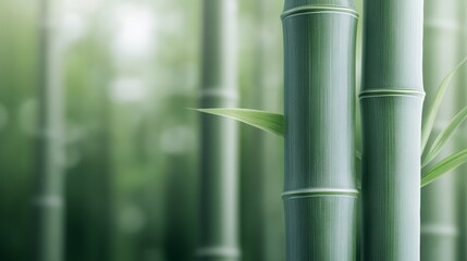Fototapeta premium Macro shot of bamboo segments and nodes, highlighting the smooth surface and subtle color variations, with a soft-focus bamboo forest in the background, high-resolution photo, realistic photo
