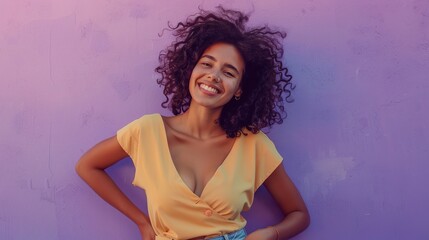 Illustrate a smiling woman with her hand on her hip, set against a soft lavender wall, creating a serene and welcoming image