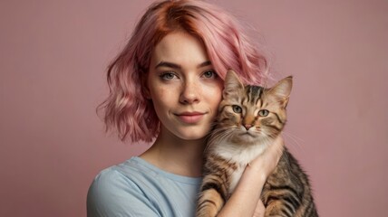 Smiling girl cradles fluffy kitten, showcasing pure love and gentle friendship in a tender studio portrait