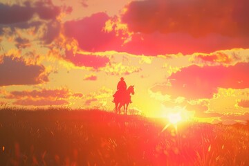 Fototapeta premium silhouette of a cowboy riding a horse at sunset