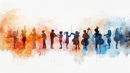 Silhouettes of musicians playing instruments in a watercolor background, representing harmony and teamwork.