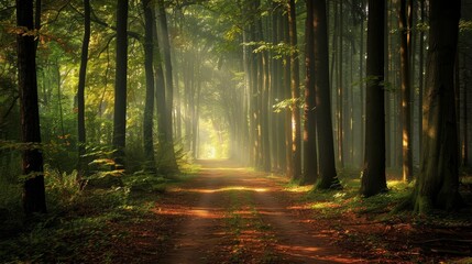 Fototapeta premium Sunbeams illuminate a path winding through a dense forest, creating a mystical atmosphere.