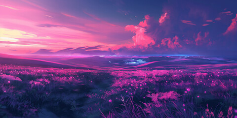 Blue and pink lighting on diverse landscape illustration