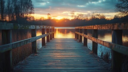 Obraz premium A serene wooden pier extends into a tranquil lake at sunset, reflecting vibrant colors of the sky.