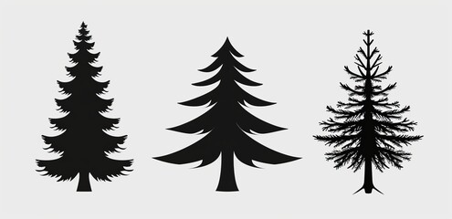 Obraz premium Isolated black silhouettes of fir trees on a white background.
