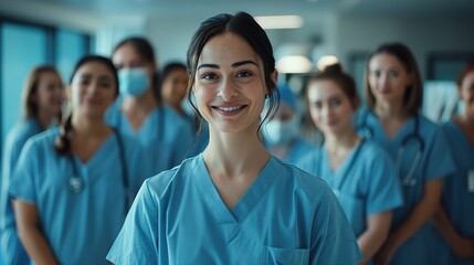 Fototapeta premium Young Female Nurse in Blue Scrubs Smiling with Group of Nurses in Hospital Hall, Bright Atmosphere, Clear Focus on Faces