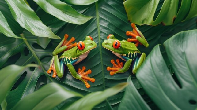 Two Green Tree Frogs on a Leaf.