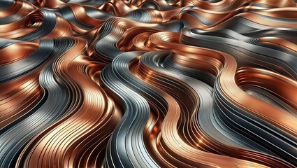 Naklejka premium Metallic Waves. Abstract 3D render of undulating metallic surfaces in copper and silver tones, creating a fluid and dynamic composition.