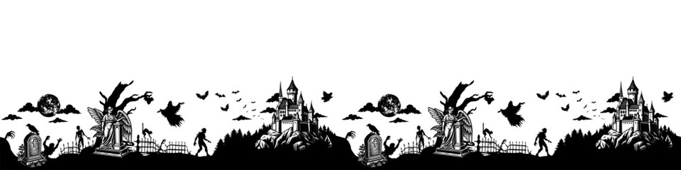 Seamless halloween silhouette panorama for background. Seamless halloween background featuring zombies walking towards a haunted castle on a spooky night