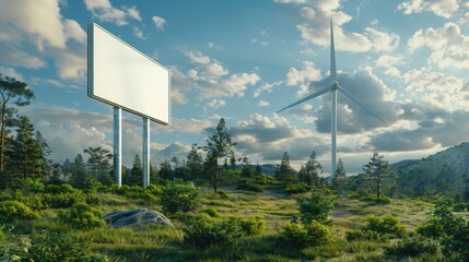 Wind turbine with a blank billboard for ads, set against a landscape, emphasizing the abstract concept of saving the world.