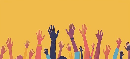 Hands of diverse young people isolated on a white background. Concept of raising the arm in celebration or as a member of a community of friends. Cartoon illustration of men and women.