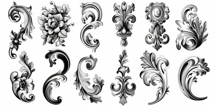 Modern floral engraved scroll ornament leaf retro decorative design tattoo black and white filigree calligraphic heraldic shield swirl vintage Victorian frame border