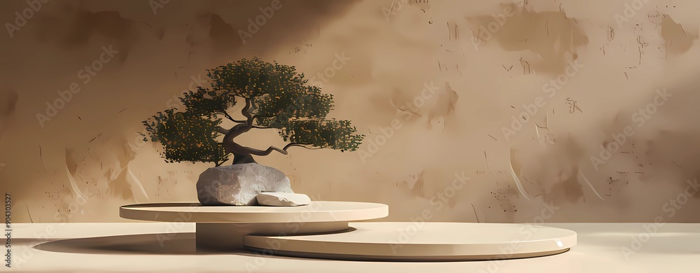 Wall mural japanese style minimal abstract background.stone podium and bonsai tree with brown background for pr