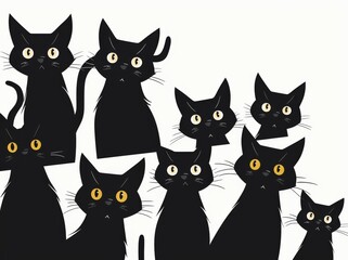 Collection of black cats sitting on their paws spying on you. Playing pets. Tattoo.
