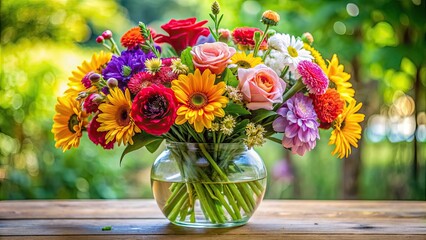 A vibrant and colorful bouquet of assorted flowers in a clear glass vase, bouquet, flowers, arrangement, colorful, vibrant, roses
