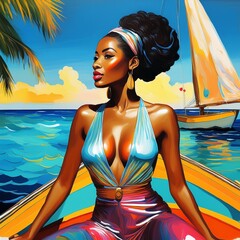 femme en voilier style disco mer de Tahiti turquoise peinture acrylique 