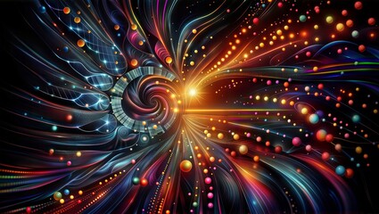 Fototapeta premium Cosmic Explosion. Vibrant abstract image depicting colorful spirals, circles, and lines radiating from a bright central point against a dark background.