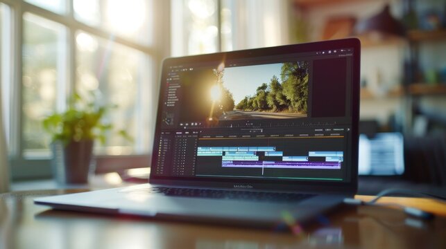 Video editing software or program opened on a laptop device monitor display screen placed on a table or desk in a home room