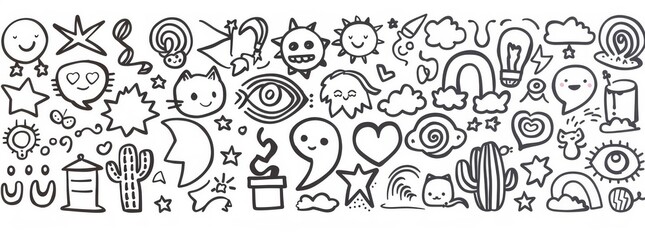 This is a cute set of hand drawn doodles featuring love, tattoos, fireworks, clouds, unicorns, weather, rainbows, cats, dogs, hearts, and creative designs.