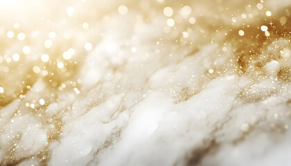 Abstract white marble background with gold bokeh and sparkles.