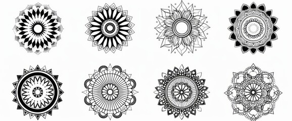 A unique set of zentangle mandalas drawn by hand. Moon, yin yang, om symbol all drawn in modern style, perfect for design, textiles, posters, tattoos.