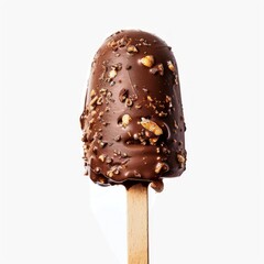 Medium shot of chocolate Ice cream on wooden stick, isolated on a white background 