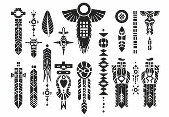 Navajo and Aztec ceramic ornaments. Black cultural national symbols with geometric american indian patterns.