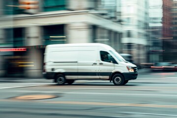 Urban Delivery Vehicle Speeding Through City Streets in Evening Light - Timely Service Concept