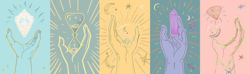 Mystical line hands. Minimalist esoteric symbols for tattoo prints. Boho astrology hand. Illustration tattoo boho, witchcraft esoteric banner.
