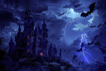 Fototapeta premium A dark, ominous castle with bats flying around, set against a stormy night sky with lightning