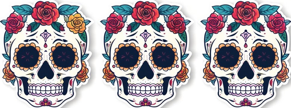 Mexican skulls set. A modern illustration of Dia de los Muertos shugar colorful heads.