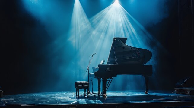 A grand piano on a dark stage illuminated by blue spotlights, creating a dramatic and atmospheric scene.