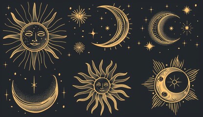 The golden set represents the sun, moon, stars, clouds, constellations, and esoteric symbols of alchemy and magic. Perfect for printing, posters, illustrations, and patterns that illustrate the