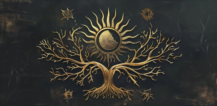 With engraving, a tree of life with the moon and sun is used as a luxury theme for tarot cards, tattoos, posters, and tattoo readers
