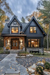 A large house with a black roof and a black exterior. The house has a lot of windows and a porch