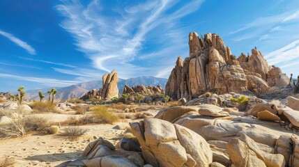 Desert landscape with stunning rock formations and a clear blue sky, great for an adventurous escape
