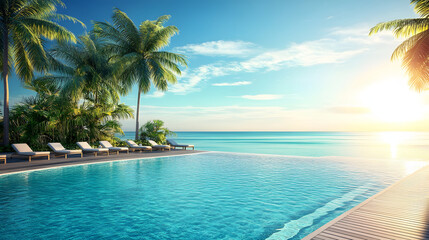 Tranquil infinity pool with lounge chairs and ocean view.