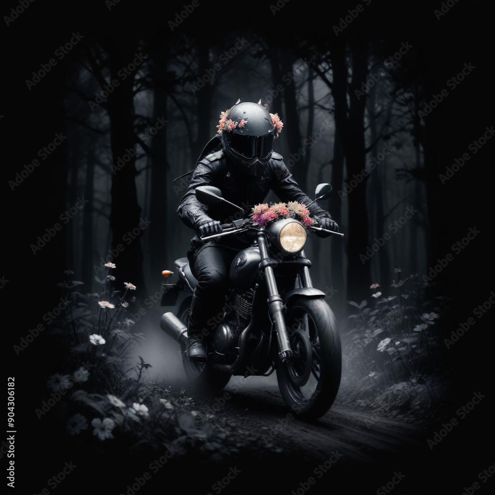 Wall mural A skeleton wearing a motorcycle helmet and riding a motorcycle through a dark forest with colorful flowers in the foreground