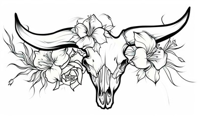 Fototapeta premium Black and white modern illustration of a Texas longhorn skull with flowers. Silhouette Texas longhorn. Bull head logo icon.